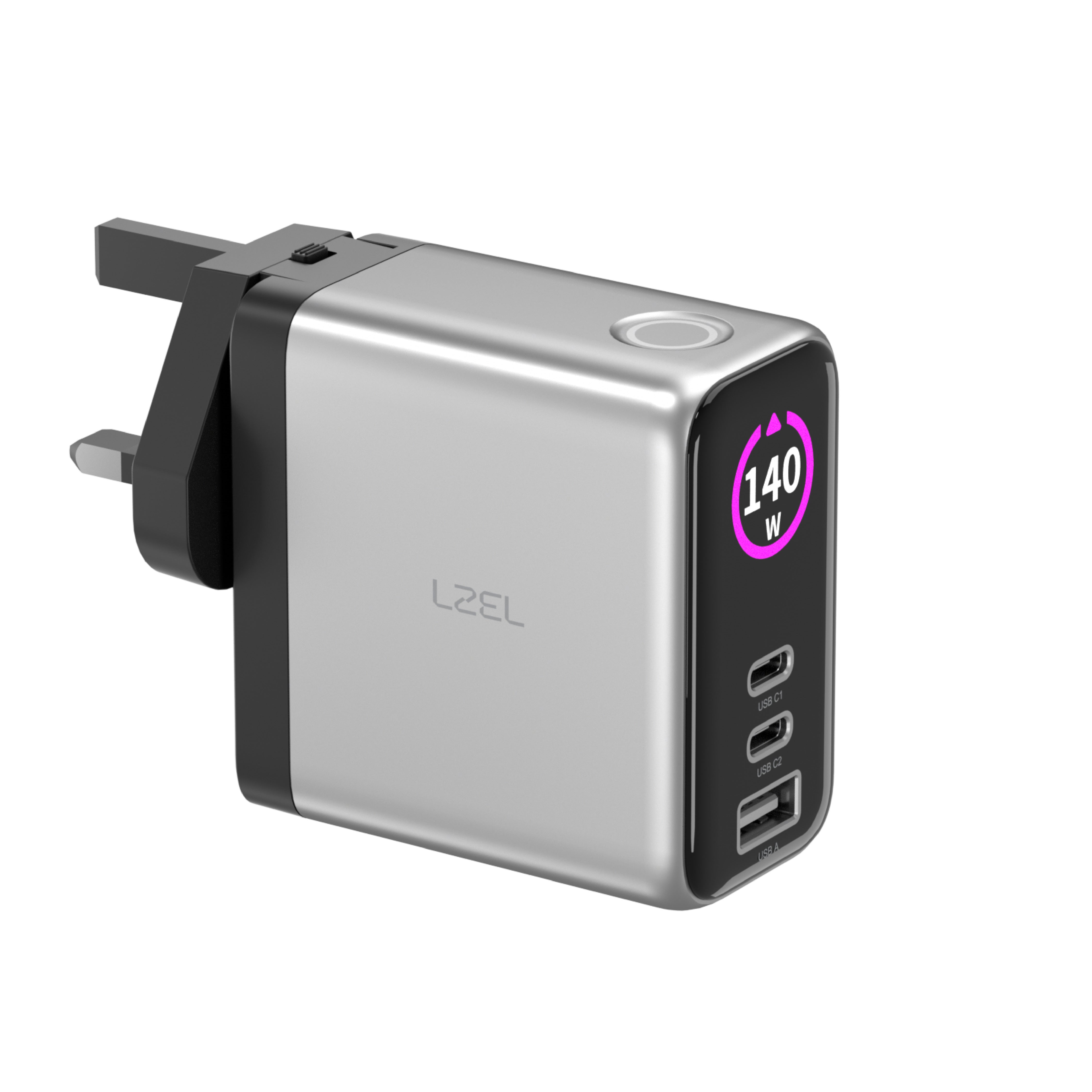 LZEL 140W GaN Travel Charger with 3-Port PD Digital Display & UK/EU/AU Plugs | Silver/Black LZEL 140W GaN Travel Charger with 3-Port PD Digital Display & UK/EU/AU Plugs | Silver/Black